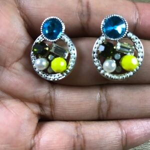 Vintage Geometric Round Colorful Silver and Blue Gemstone Earrings